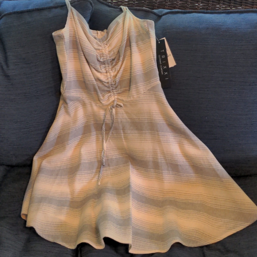 XS- Tan/blue striped summer dress